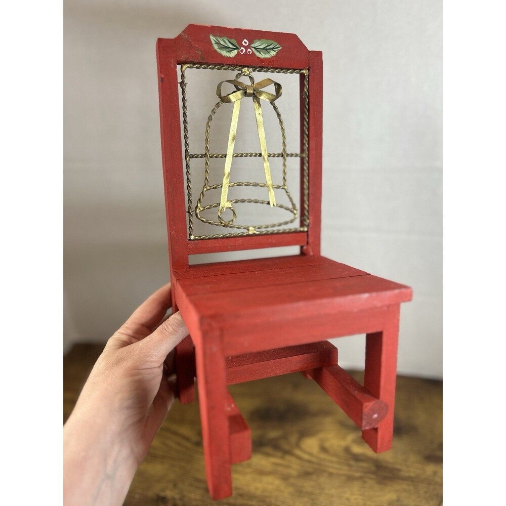 Vtg Red Wooden Christmas Chair Display Stand Bell Planter Holiday Decor Accent - Picture 11 of 12
